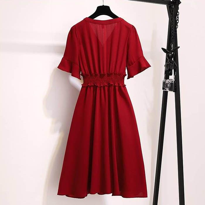 L-5XL Women V-neck Elastic Waist Red Dress Plus Size Slim Short-sleeved Long A-line Dress