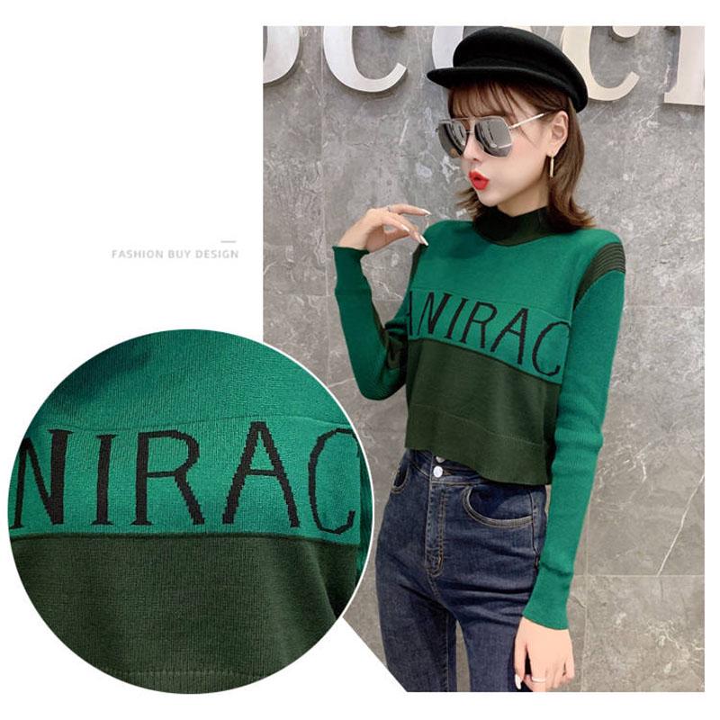 Green Pull Women Letter Patchwork Color Contrast Bottom Sweater Knitted O Neck High Waist Pullover