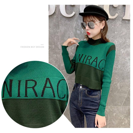 Green Pull Women Letter Patchwork Color Contrast Bottom Sweater Knitted O Neck High Waist Pullover