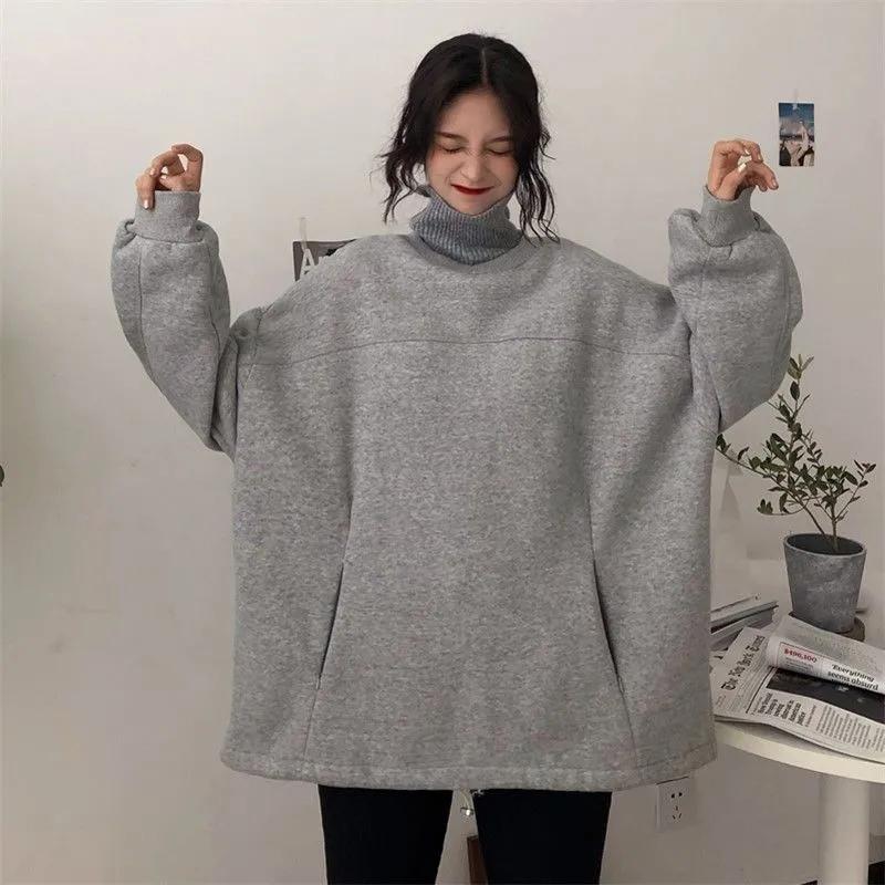Winter Hoodies Turtleneck Pullover Sweatshirts Oversized Loose Casual Harajuku Tracksuit Fleece Warm Top Clothes Women Sport Shirts Knitted Collar