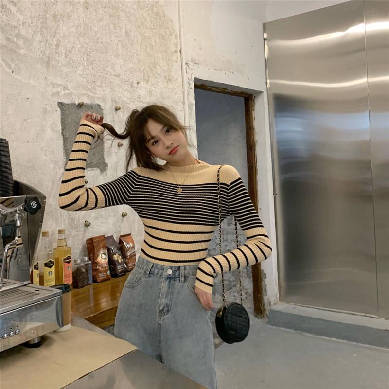 Pofulove Korean Slim Turtleneck Striped Long Sleeve Sweater Inner Net Red Sweater Bottoming Blouse