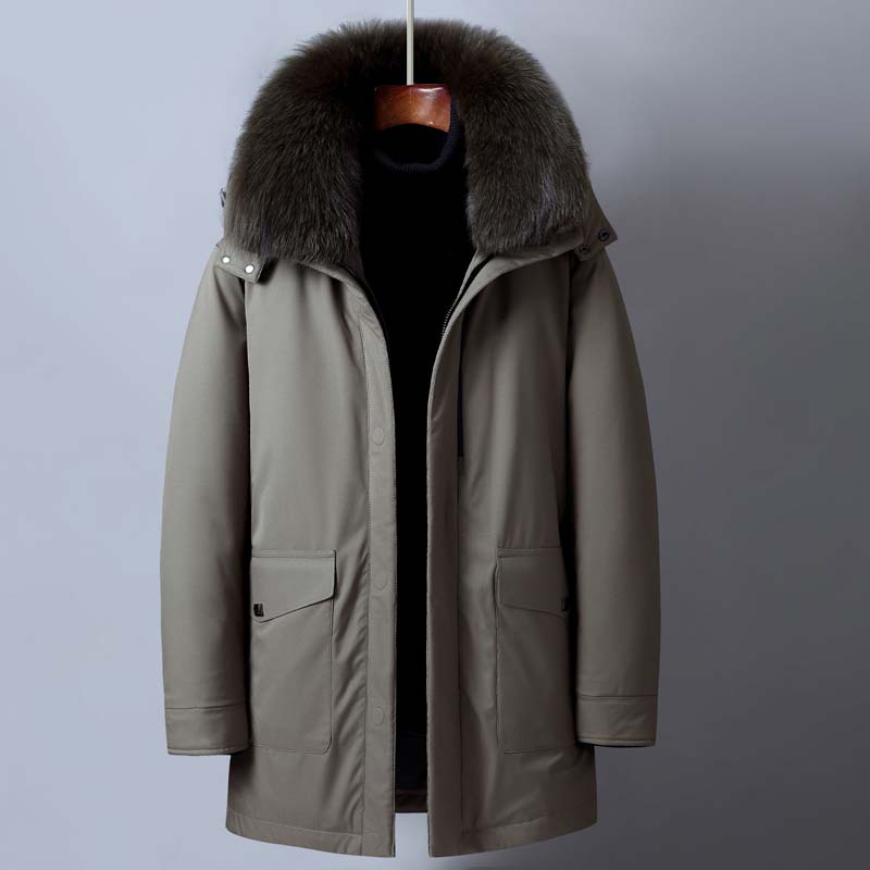Down Jacket Men's Mid-length Thick Plush Collar Winter Casual Warm Hooded Jacket