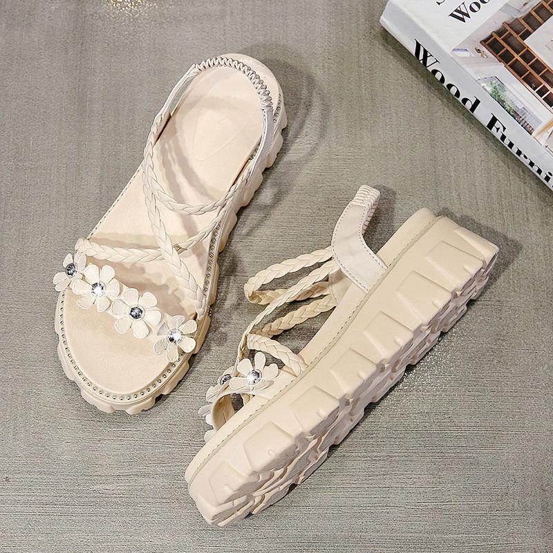 Muffin Thick Bottom Casual Sandals Summer Flowers Flat Heightened Roman Shoes Ladies Sweet Temperament Sandals A Pedal