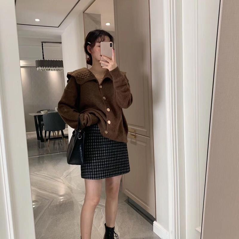 Navy Collar Sweater Coat Women Fall Winter Loose   College Style Knitted Cardigan Long Sleeve Casual Sweater