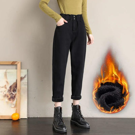 Black Denim Women's Straight-leg Pants Are Thin In Winter Plus Velvet Thickened Feet Pants Loose Large Size Wild Fashion Trousers