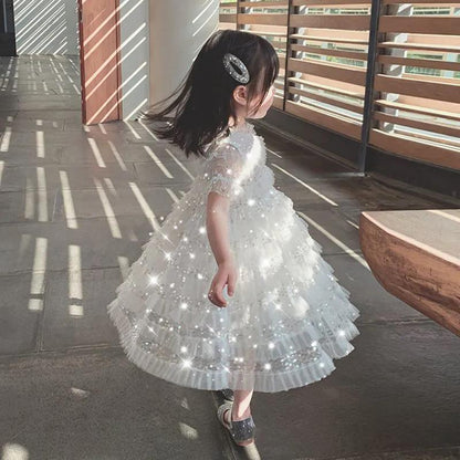 Girls White Fluffy Princess Dress Sequins Sweet Baby Summer Dress Mesh Short Sleeve Large Skirt Dress