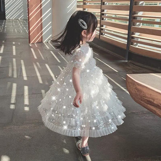 Girls White Fluffy Princess Dress Sequins Sweet Baby Summer Dress Mesh Short Sleeve Large Skirt Dress