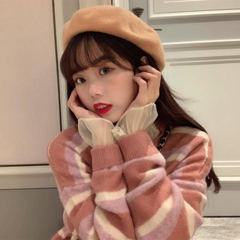 Pofulove Cute sweet sweater women Simple Loose Women's long sleeve sweater women Elegant and sweet