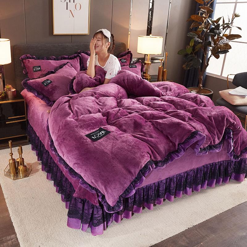 2019 Coral Velvet 4pcs Winter Flannel Thickening Warm Bedclothes Queen King Quilt Cover