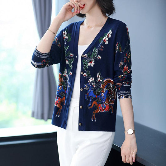 Autumn and Winter Ladies Cardigan Printed Lazy Knit Sweater Fashion V-neck Jacket Cardigan Sweater