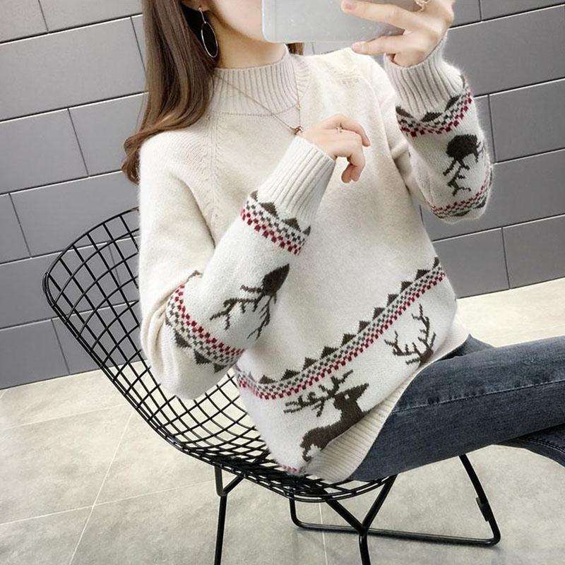 Autumn and Winter Thick Sweater Fawn Pattern Jacquard Knitted Bottoming Shirt Loose and Simple Women's Top