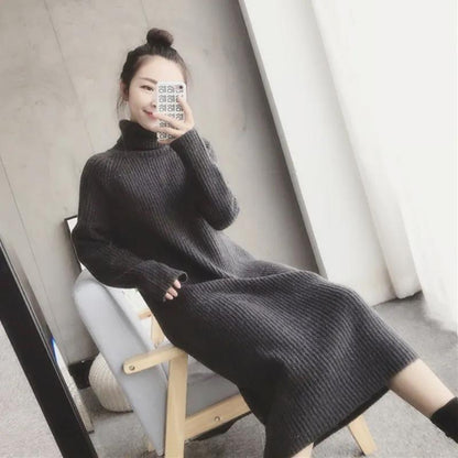 Autumn and Winter Women's Wool Sweater Warm High Neck Sweater Casual Loose Thickening Slimming Over The Knee Long Sweater Knitted Pull Pullover