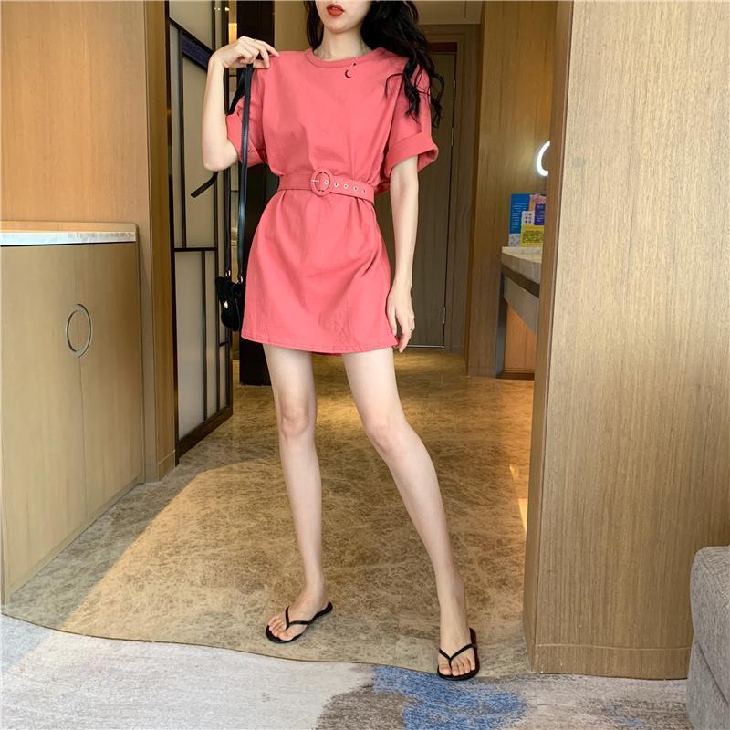 Send A Belt T-shirt Female Mid-length Short-sleeved Loose All-match T-shirt Dress Solid Color Students