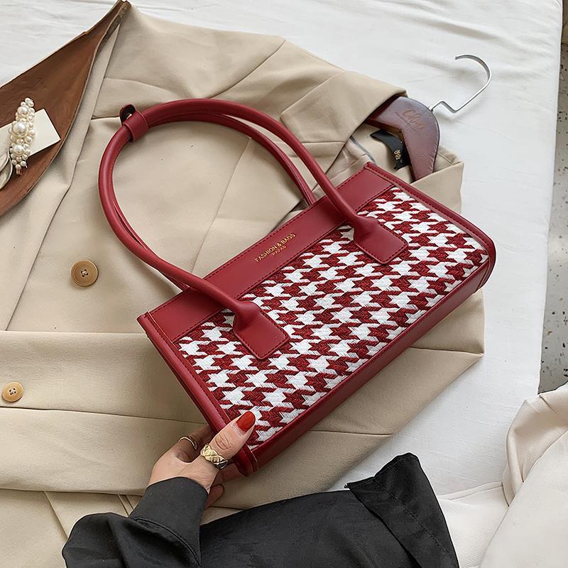Check Pattern Handbag PU Leather Armpit Bag for Women Shoulder Lady Simple Elegant Baguette Bag
