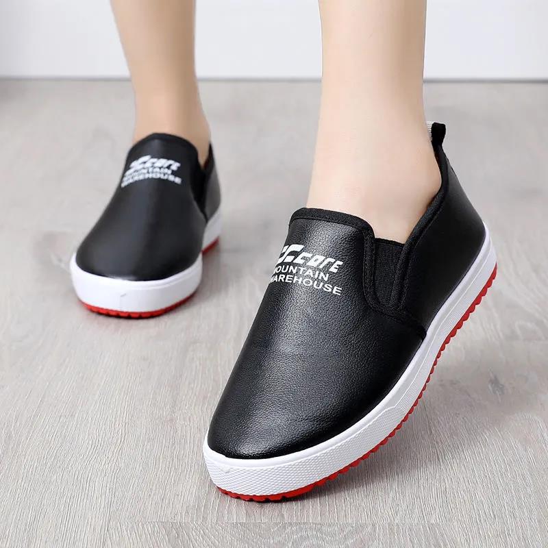 Winter PU Leather and Velvet Warm Casual Shoes Flat-bottomed Low-cut Non-slip Soft-soled Waterproof Shoes Women's Cotton Shoes Comfortable Pedal