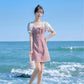 Women's Summer Plaid Dress Square Collar Slim Puff Sleeves Mid-length Skirt