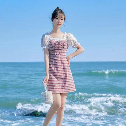 Women's Summer Plaid Dress Square Collar Slim Puff Sleeves Mid-length Skirt