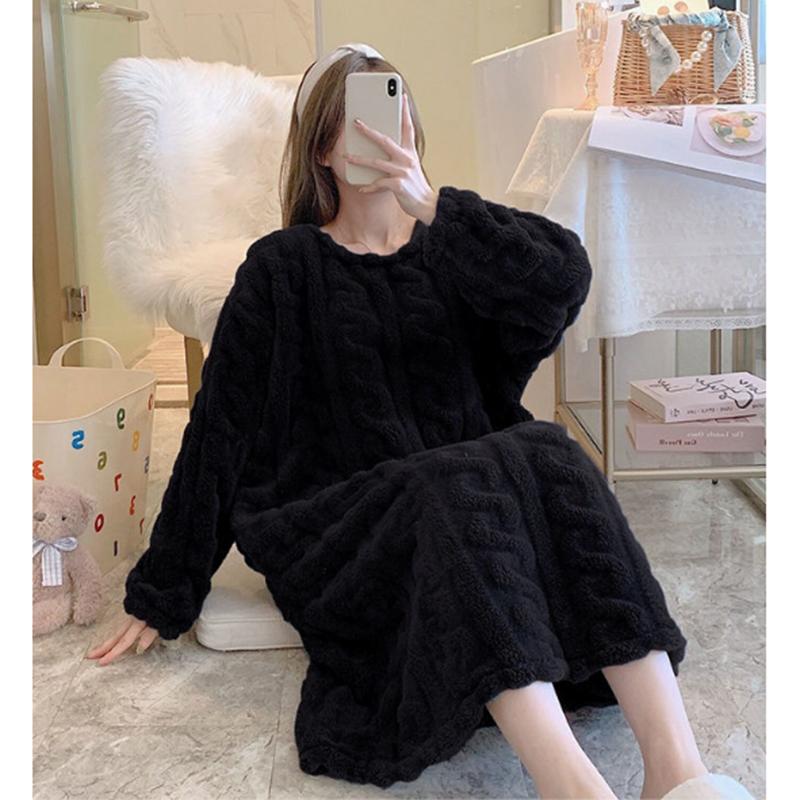 Women's Autumn Winter Thickened Coral Fleece Nightdress Large Size Loose Out Wear Warm Flannel Pajamas Solid Striped Crochet Maternity Pajamas