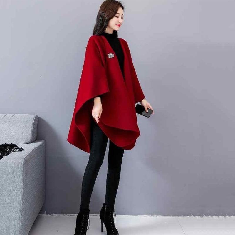 Woolen Coat Women's Cloak-style Coat Cardigan Woolen Coat Irregular Shawl Temperament Versatile Warm and Comfortable Wrap
