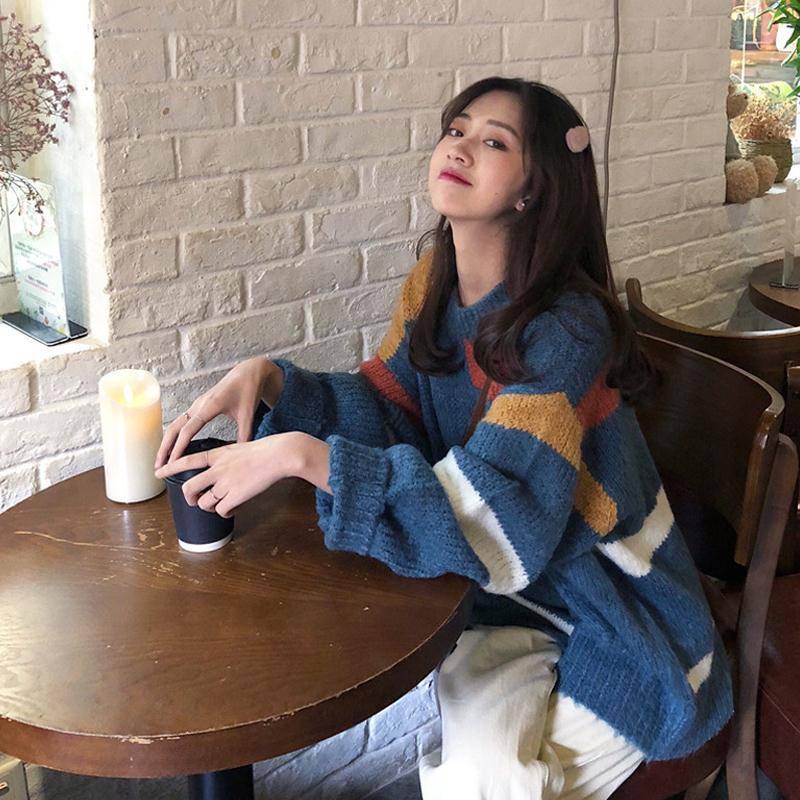 Pofulove Autumn Winter Harajuku Stitching Striped Mid-length Pullover Sweater Loose Sweater Coat