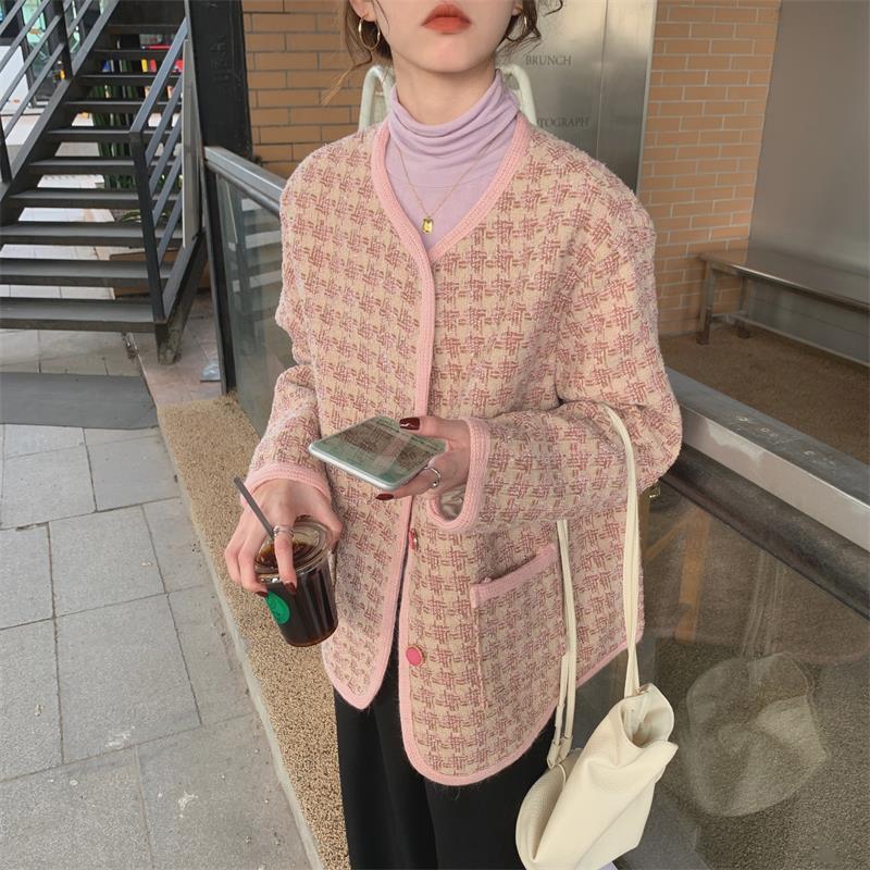 Pink Small Fragrance Style High-quality Coat Women's Spring and Autumn Thickened Plaid Top Ladies Temperament Long-sleeved Round Neck Coat