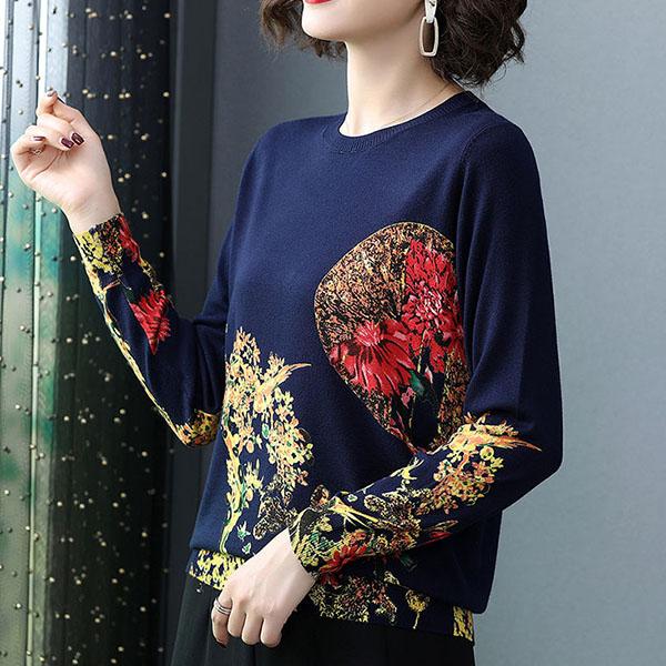 Women's High-end Cashmere Sweater Vintage Ethnic Printed Woollen Sweater  Knit Bottoming Sweater Autumn Winter Plus Size Loose Jumper