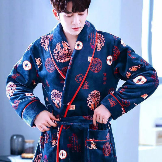 Men Large Size Bathrobe Pajama Dragon Print Robe Coat Water-absorbent Quick-drying Home Clothes Long