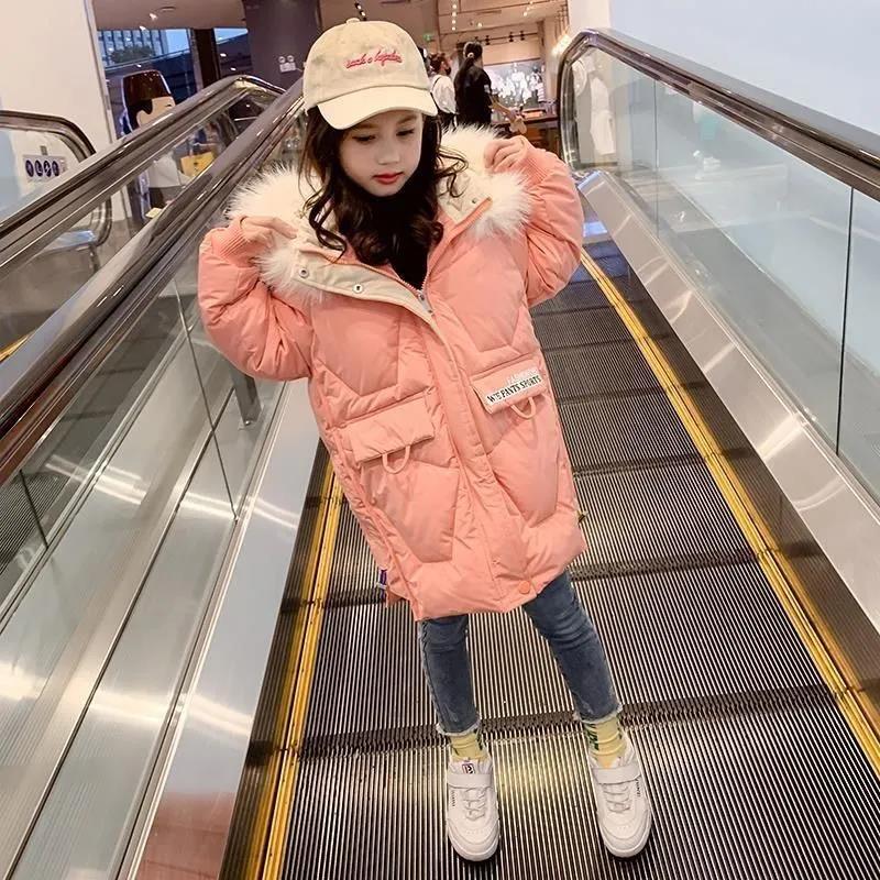 Girls' Windproof Coat Winter Mid-length Thick Warm Quilted Jacket Children's Korean Jacket