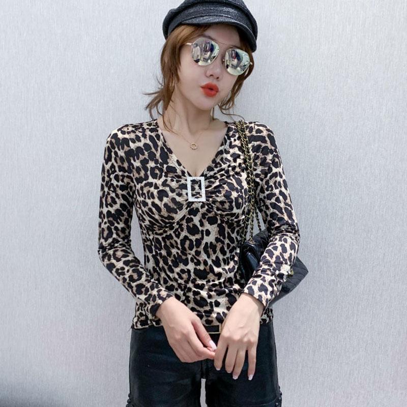 Women's Spring and Autumn Long-sleeved Bottoming Shirt Leopard Print V-neck Slim Top