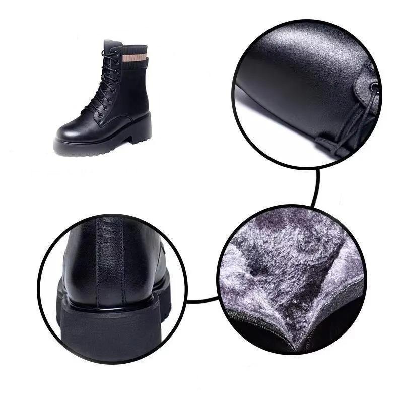 Martin Boots Women's Winter Plus Velvet Leather Mid-heel Shoes Women's Cotton Shoes Thick Heel Thick-soled British Style Short Boots Women