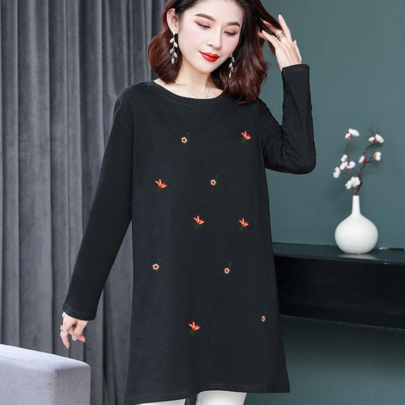 Women's Clothing Autumn and Spring Ladies Round neck Flower embroidery Long-sleeved Casual Loose T-shirt Pullover