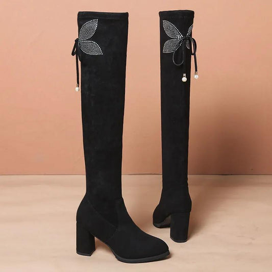 Skinny Over-the-knee Boots Women's High-heeled High-tube Elastic Thick-heeled 6cm Rhinestone Fashion Boots