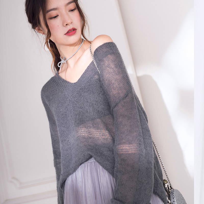 Pofulove Mohair Sweater Hedging Thin Perspective Sexy Lady Hollow Long-sleeve Bottoming Knitwear