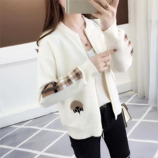 Cardigan Coat Women's Knitted Top Cute Cartoon Embroidered Plaid Sleeves Spring Autumn Short Coat Loose All-match Long-sleeved Outer Wear