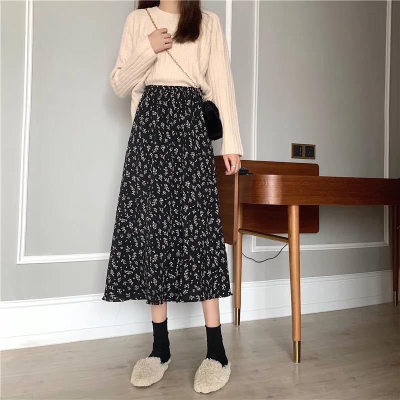 Woman Skirts Summer Casual A-line Long Skirts Solid Color Elastic High Waist Slim Skirt Girls Loose Floral Print Skirt
