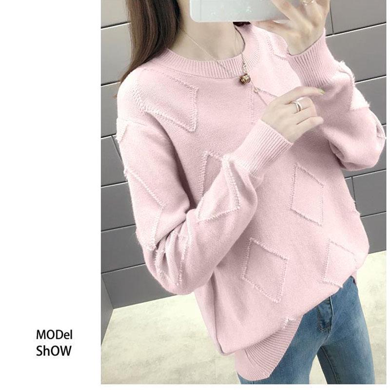 Warm O-neck Sweater Purple Color Rhombus Sweater Knitted Plain Sweater Women Knitwear Long Sleeve