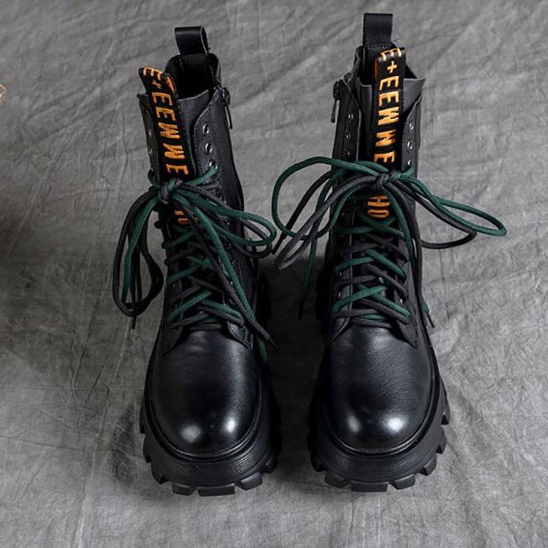 Leather Martin Boots Sponge Cake Thick-soled Round Toe Retro Mid-tube Boots Female British Style Boots Autumn Single Boots