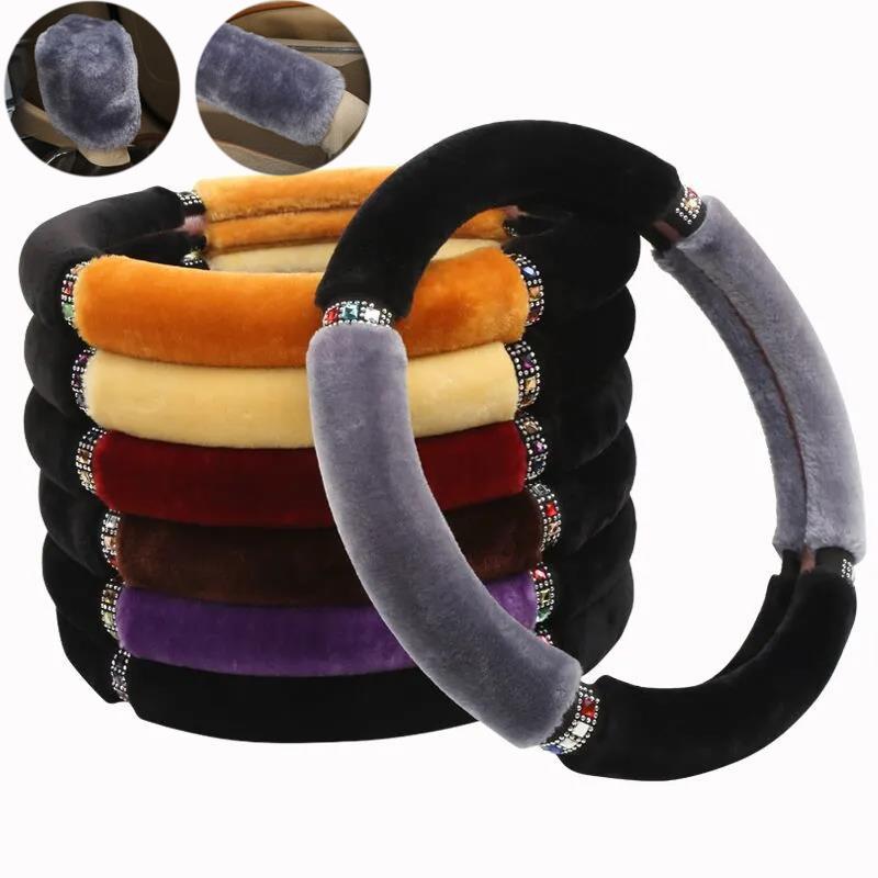 Universal Car Steering Wheel Cover Set 37-38cm Diameter Soft Plush Rhinestone Interior Trim Family Car SUV Pickup Accessories