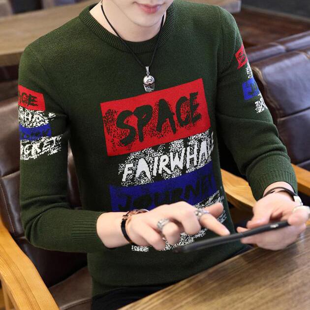 Sweater Men's Autumn and Winter Men's Round Neck Sweater 2019 Printed Clothing Bottoming Sweater
