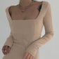 Elegant Square Neck Ribbed Dress Female Knitted Side Split Bodycon Dress Long Sleeve Fashion Mini Dresses Basic