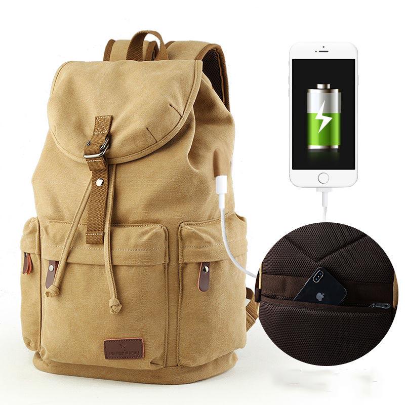 Man Leather Casual USB Interface Backpack Bag Hole Mens School Travel Rucksack Laptop Backpack
