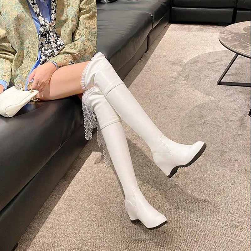 Inner Height Over The Knee Boots Women's Autumn and Winter Snow Boots White Elasticity Was Thin High Boots Wedge Heel Large Size Leather Boots