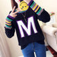 Letter Printed Sweater Women's Casual Striped Stitching Sleeve Pullover Sweater Autumn and Winter Students Loose Knit Top Outer Wear