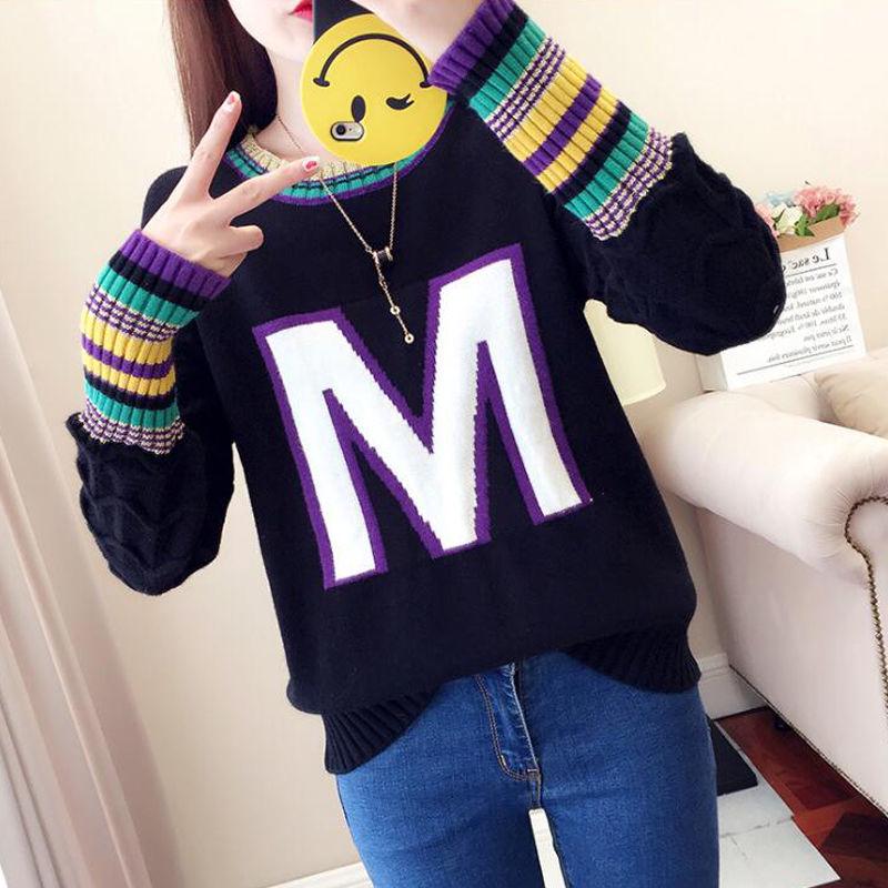 Letter Printed Sweater Women's Casual Striped Stitching Sleeve Pullover Sweater Autumn and Winter Students Loose Knit Top Outer Wear