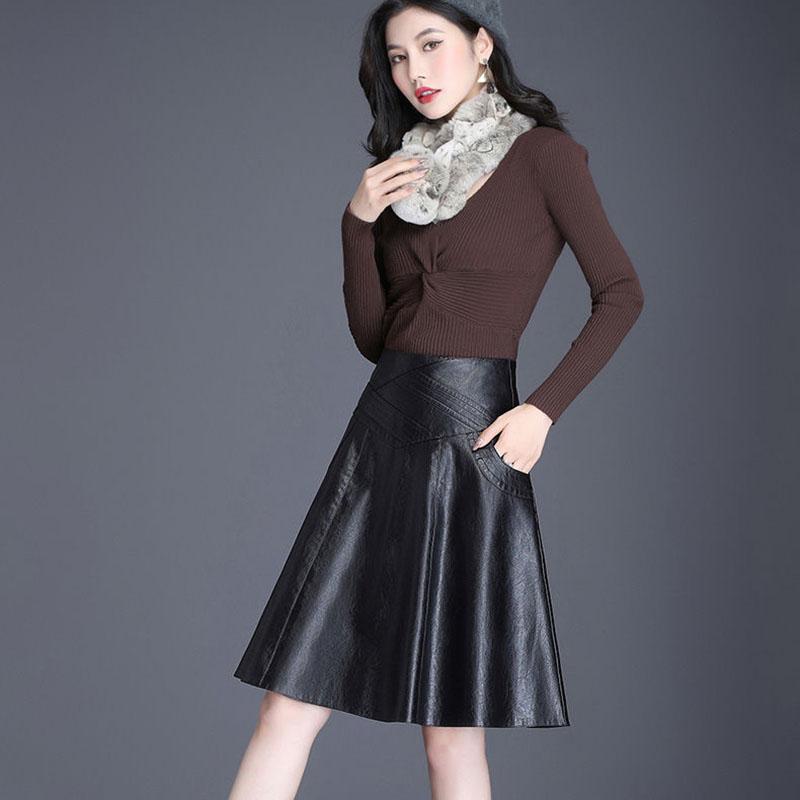 Black Ladies PU Leather Skirts Women Casual High Waist Zipper Solid Female Knee-length  A-Line Skirt with Pocket