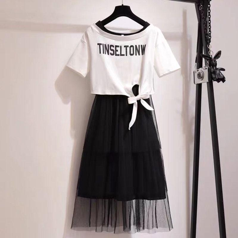 Summer Plus  Size Two-piece Set  Women Short Bow Crop Top T-shirt and Mesh Multi-layer Skirt 2 Piece Set