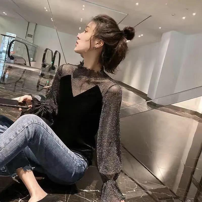 Mesh Velvet Top Spring and Autumn French Style High-end Puff Sleeves Exposed Collarbone Hollow Shirt Women