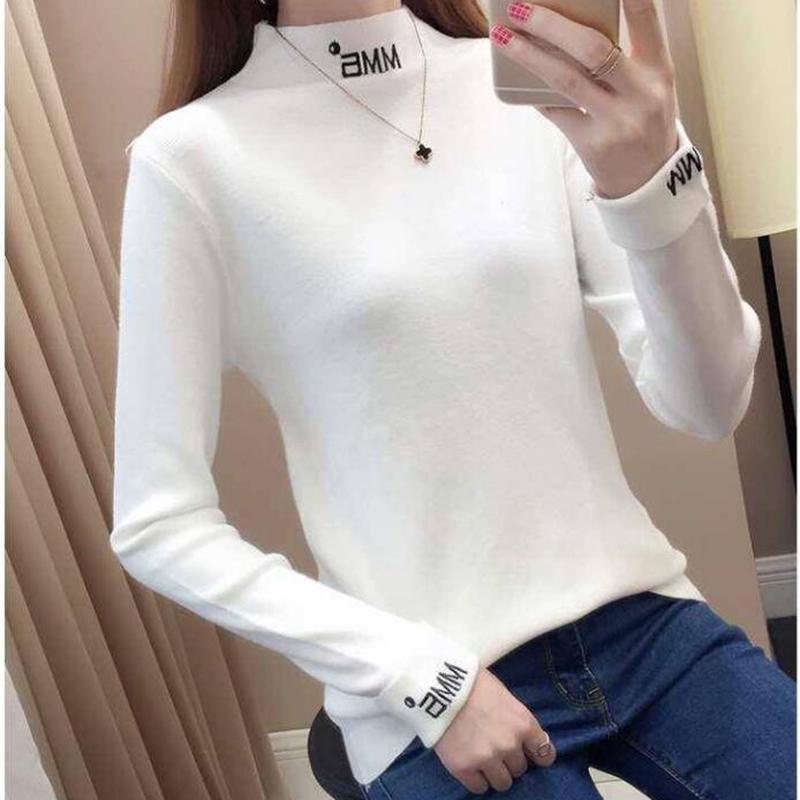 Women Letter embroidered pullover casual turtleneck Sweater long sleeve warm winter knitted jumper