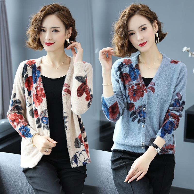 Autumn Winter Artificial Mink Cashmere Printed Knitted Cardigan Women's Short Sweater Coat Long-sleeved Loose Knitted Jacket