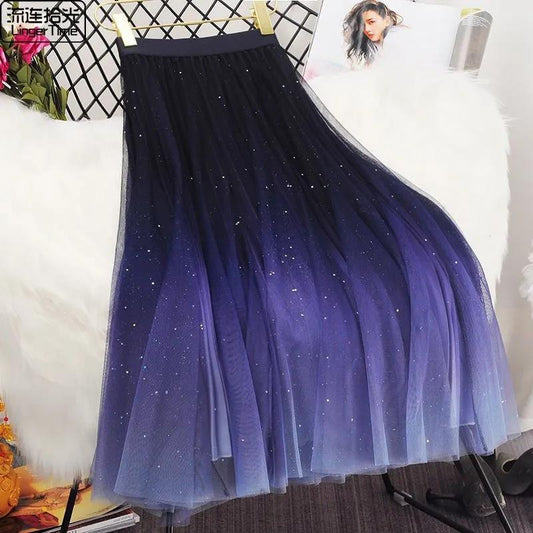 Starry Sky Gradient Color Skirt High Waist Sequined Mid-length Mesh Gauze Large Swing Skirt Women's A-line Skirt Dream Skirt